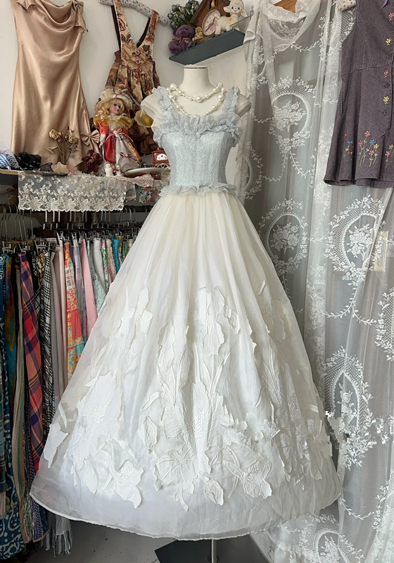 Light-colored sleeveless waist-length cake-cut puffy skirt long ball gown R6217