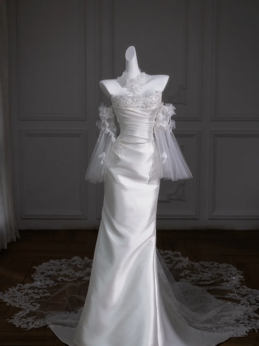 White one-shoulder beaded waist slim satin maxi bridal gown R5782