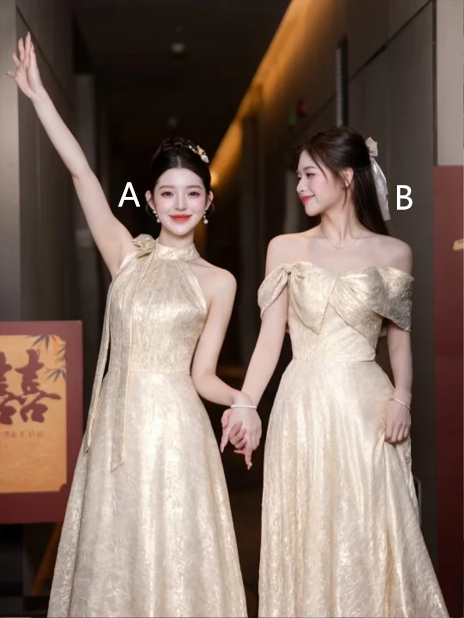 Champagne satin slim waist elegant ball gown, bridesmaid dress R6118