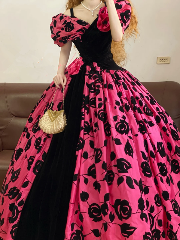 Pink Puff-Sleeve V-neck Waist-Cinched Elegant Puffball Skirt Ball Gown, Bridal Gown R7347