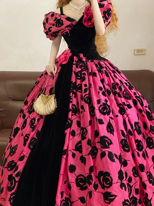 Pink Puff-Sleeve V-neck Waist-Cinched Elegant Puffball Skirt Ball Gown, Bridal Gown R7347