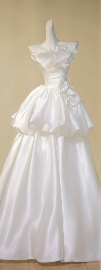 White satin tube top waist slim fit puffy skirt long dress bridal gown R5820