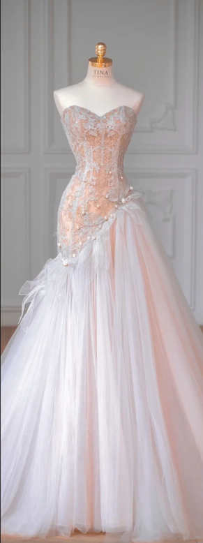 Light Pink Tube Top Fitted-Waist Slim-Fit Bodycon Prom Dress / Bridal Gown R5897