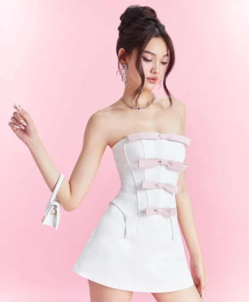 White tube top waist A-line short skirt dress suit homecoming dress R4883