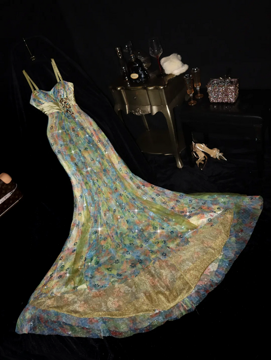 Yellow floral print halter-neck fitted long ball gown R7015