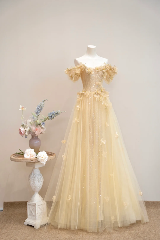Apricot-colored off-shoulder fitted long ball gown R8892