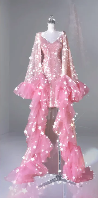 Pink sequined long-sleeved fitted waist lace skirt ball gown R6456