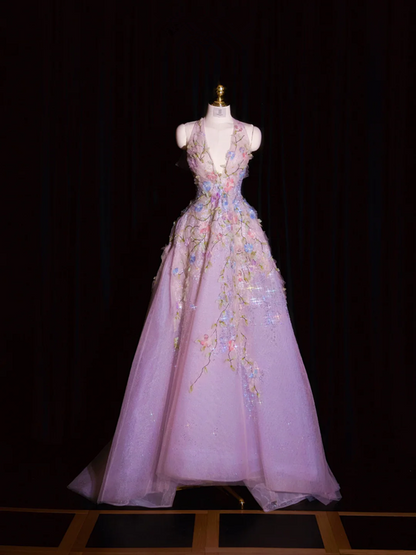 Pinkish-purple halter-neck fitted long ball gown, bridal dress R8952