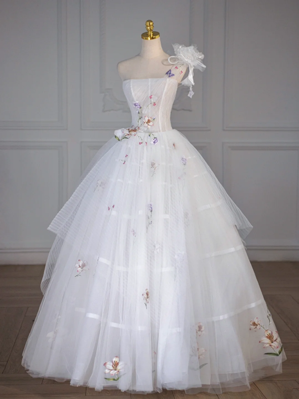 White tube top herringbone top flower puffy skirt long dress bridal dress R5858