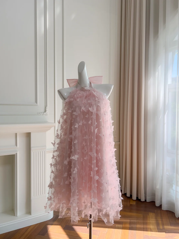 Pink Fairy Halter Neck Butterfly Print Straight Cute Short Skirt Homecoming Dress R5005