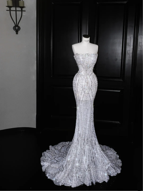 Silver sequined tube-top slim-waisted hip-hugging fishtail maxi skirt, prom dress R5661