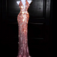 Pink Halterneck Rhinestone-Embellished Fitted-Waist Slim-Fit Long Prom Dress R6496