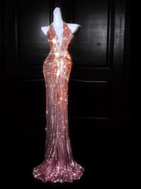 Pink Halterneck Rhinestone-Embellished Fitted-Waist Slim-Fit Long Prom Dress R6496