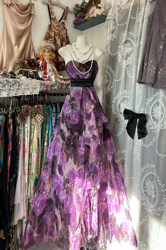 Purple strapless floral print maxi dress with a cinched waist and irregular hem, a ball gown R6296