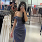 Deep blue off-the-shoulder waist-cinching slim-fit slit long sexy prom dress R7922