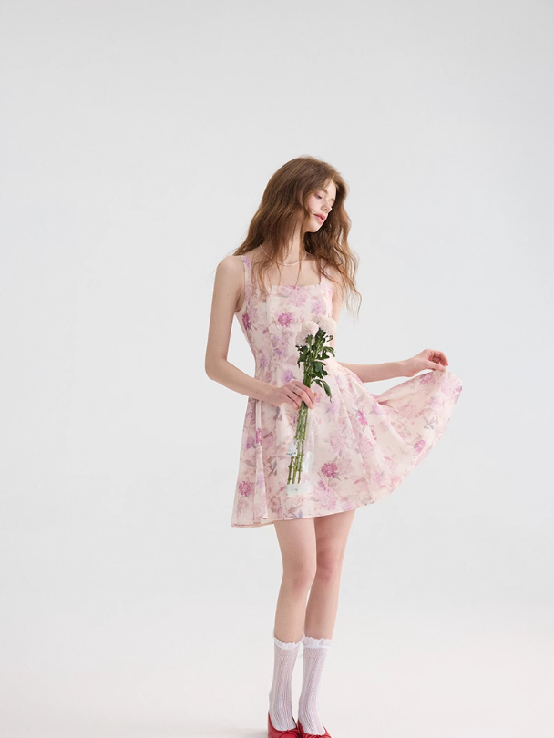 Floral suspender skirt with pink mini skirt R2662