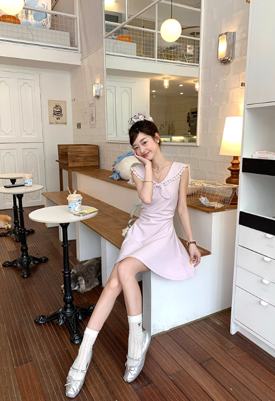 Navy collar bow waist dress summer French fashion temperament skirt R4738