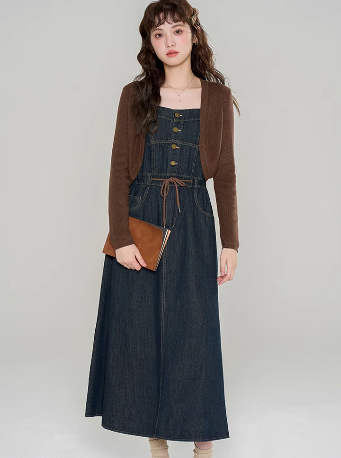 Knitted cardigan with denim suspender dress new high-end suit skirt two-piece set R2400