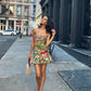 Green floral series tube top waist pleated skirt homecoming dress R3762