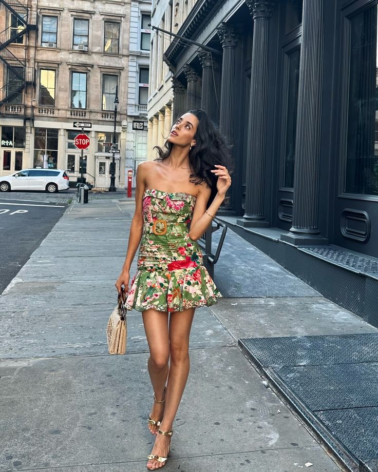 Green floral series tube top waist pleated skirt homecoming dress R3762