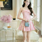 Pink Checkered Sling Waist A-Line Pleated Short Skirt Homecoming Dress R3806