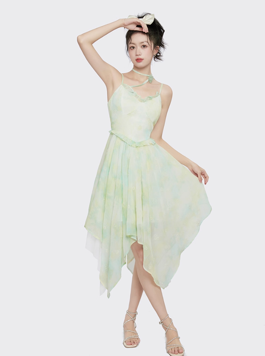 Small fresh and chic skirt embroidered suspender dress women's summer irregular mid-length skirt R4118