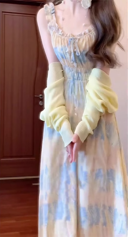 Gentle floral suspender dress holiday style beautiful waist A-line long skirt R0688