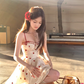 Red printed waist suspender dress summer slim a-line skirt French style petite skirt R4779