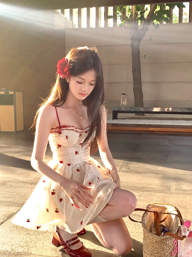 Red printed waist suspender dress summer slim a-line skirt French style petite skirt R4779