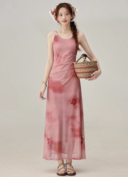 French tea break red print suspender dress summer seaside holiday dress R1906