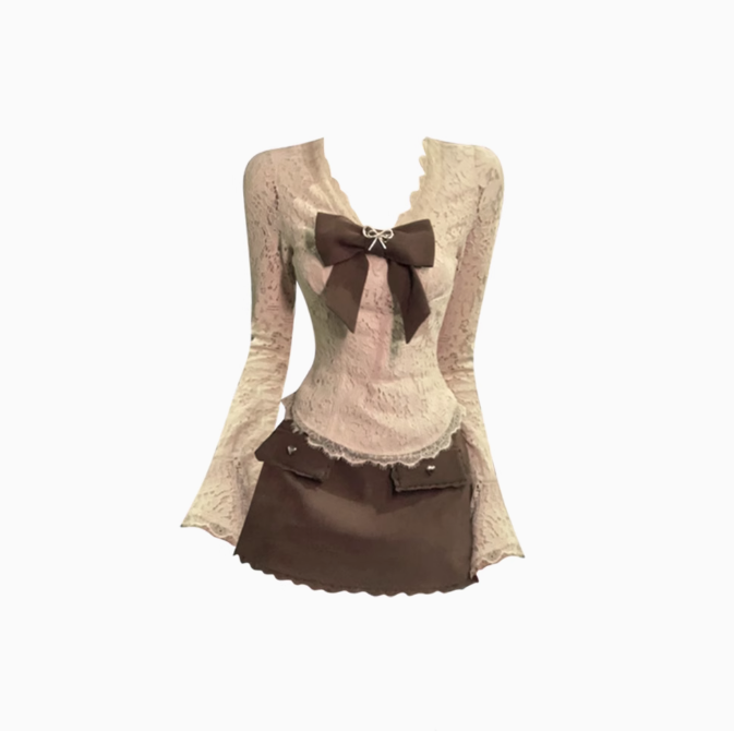 Sweet and spicy style V-neck bow lace top 2025 retro lace short skirt suit R1298