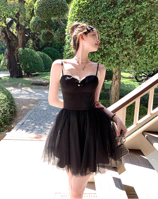 Black mid-length waist a-line suspender dress summer French temperament skirt R4943