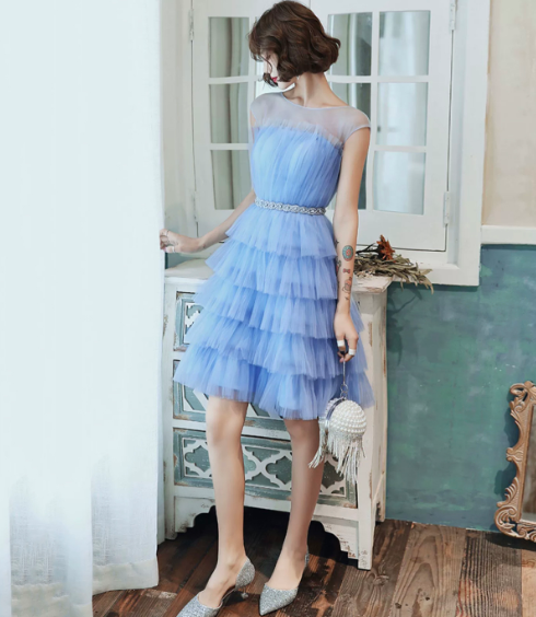 Ruffled Blue Homecoming Dress , Pretty Tulle Corset Mini Summer Dress RS1443