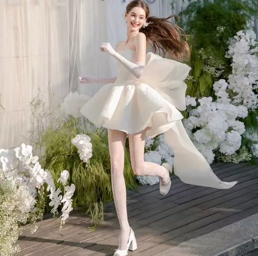 Satin Puffy Embroidered Women's Homecoming Dress White Corset Princess Short Prom Dress RS2428