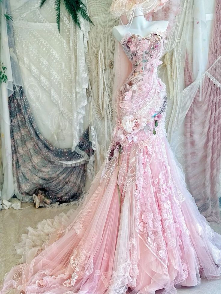 Pink three-dimensional flower lace tube top waist slim hip sexy long skirt, prom dress R5300