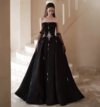 Elegant Black Beaded Prom Gown , Pretty Strapless Maxi Evening Dress RS1346