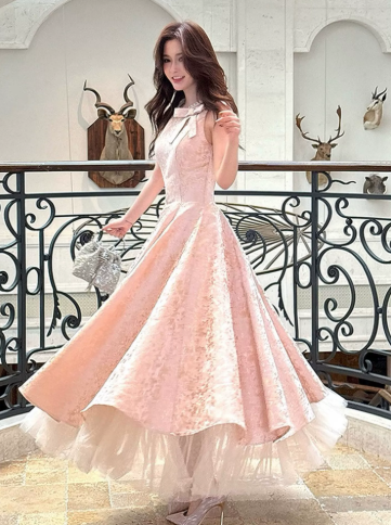 Elegant Pink Prom Gown , Pretty Printed Patterns Satin Maxi Evening Dress RS1347
