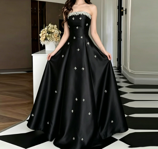 Elegant Black Prom Gown , Pretty Silky Applique Satin Maxi Evening Dress RS1349
