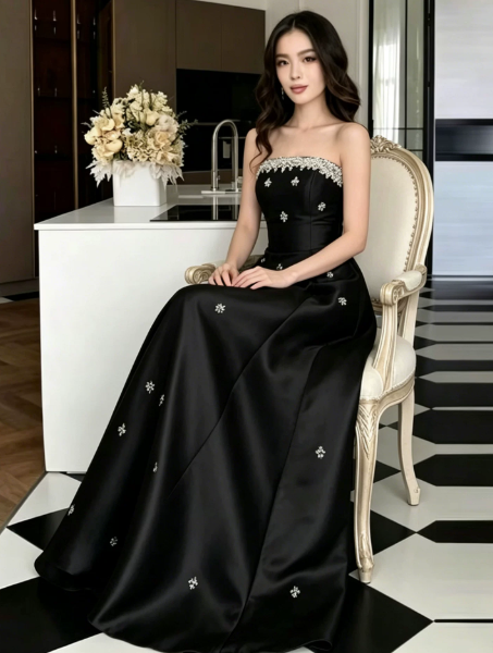 Elegant Black Prom Gown , Pretty Silky Applique Satin Maxi Evening Dress RS1349