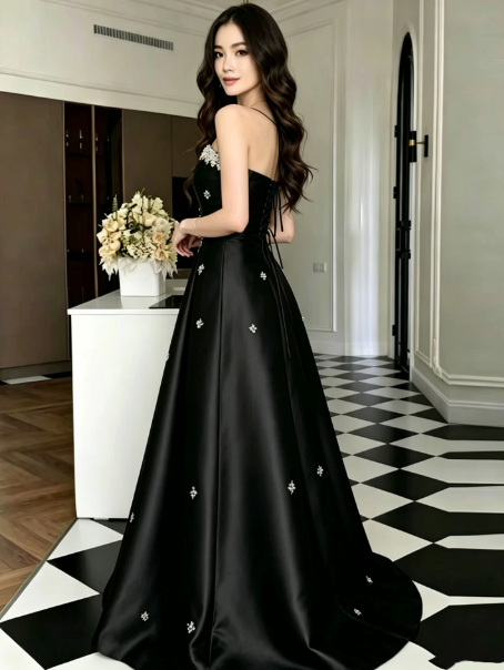 Elegant Black Prom Gown , Pretty Silky Applique Satin Maxi Evening Dress RS1349