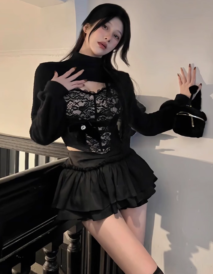 Pure desire design lace suspender tube top 2025 large size puffy skirt suit R1255