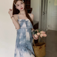 Fairy retro style ruffled one-shoulder sling dress new Chinese style ink-dyed dress R1706
