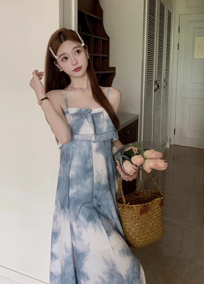 Fairy retro style ruffled one-shoulder sling dress new Chinese style ink-dyed dress R1706