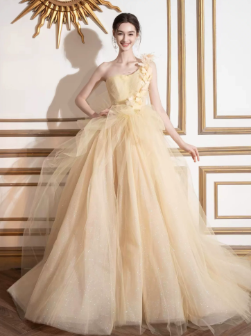 Sweet Pastel Yellow Prom Gown , Elegant Tulle Applique Maxi Evening Dress Birthday Dress RS1351