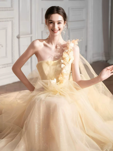 Sweet Pastel Yellow Prom Gown , Elegant Tulle Applique Maxi Evening Dress Birthday Dress RS1351