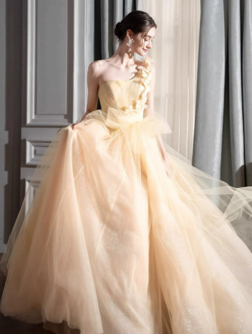 Sweet Pastel Yellow Prom Gown , Elegant Tulle Applique Maxi Evening Dress Birthday Dress RS1351