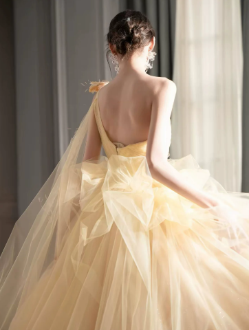 Sweet Pastel Yellow Prom Gown , Elegant Tulle Applique Maxi Evening Dress Birthday Dress RS1351