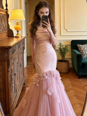 Charming Pink Prom Gown , Elegant Tulle Applique Maxi Evening Dress Birthday Dress RS1352