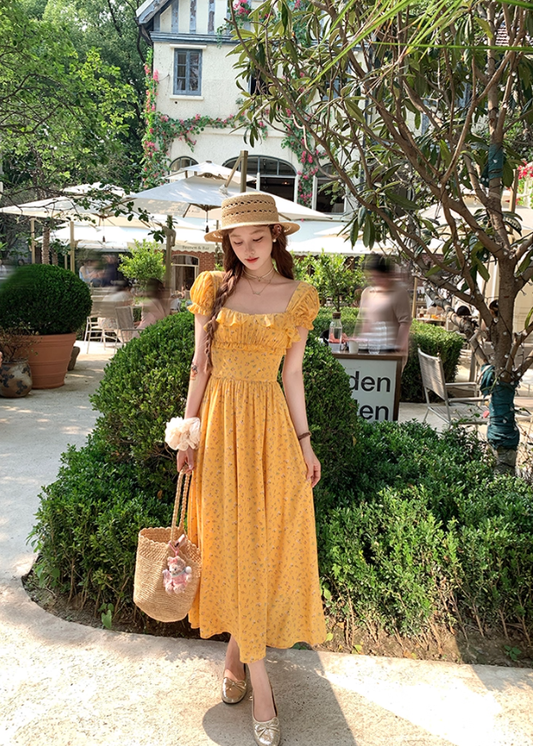 Long yellow square neck waist floral dress summer French temperament skirt R4911