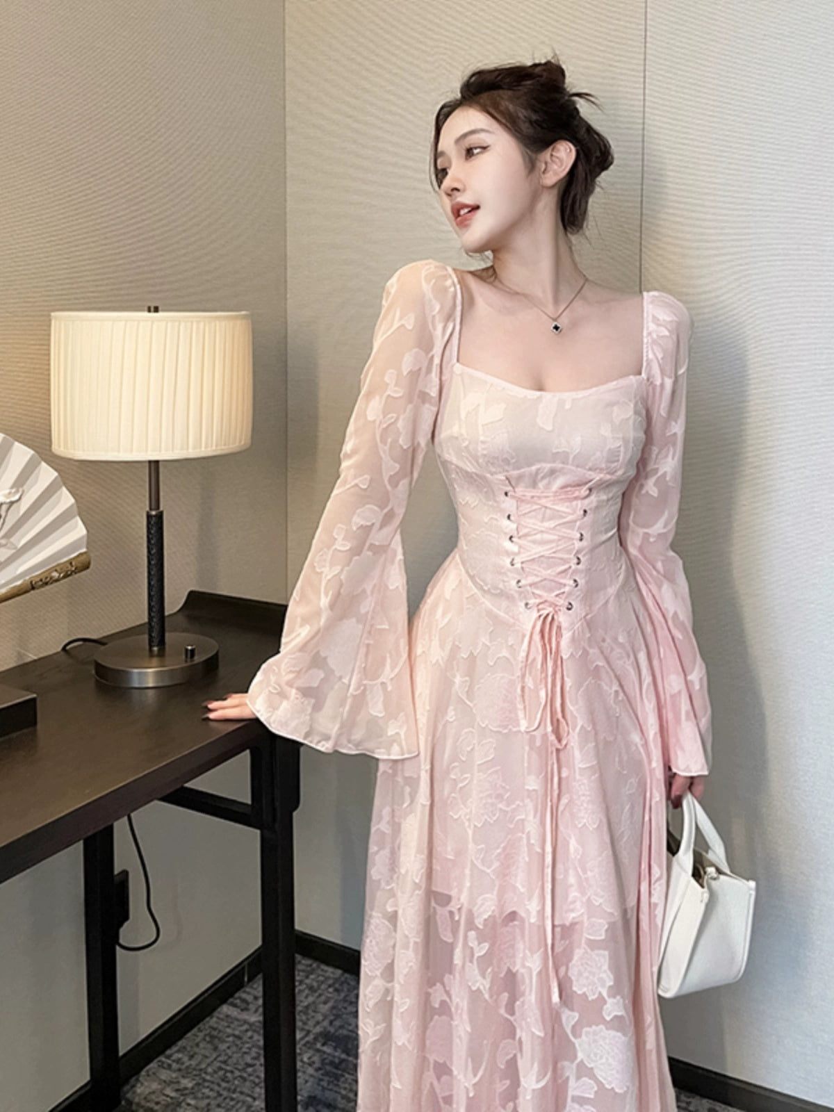 Pink sexy lace long-sleeved dress for women     S5461